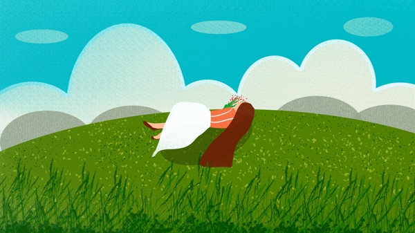 你好9月小清新躺在草地看风景女孩海报插画