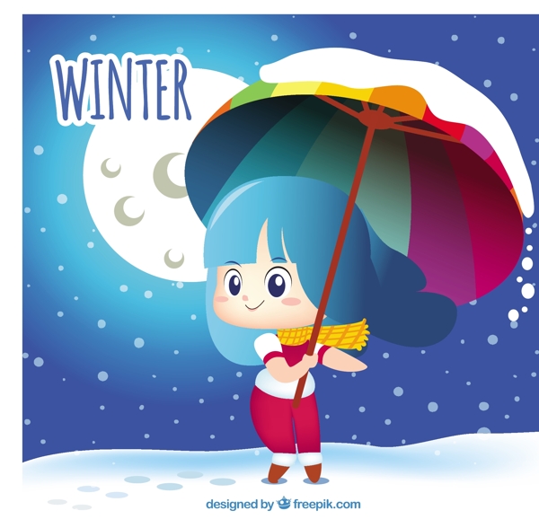 帶雨傘的彩色小女孩插圖