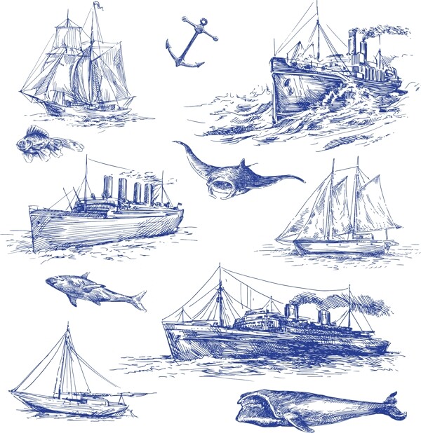 矢量航海线描钢笔画元素船鱼等