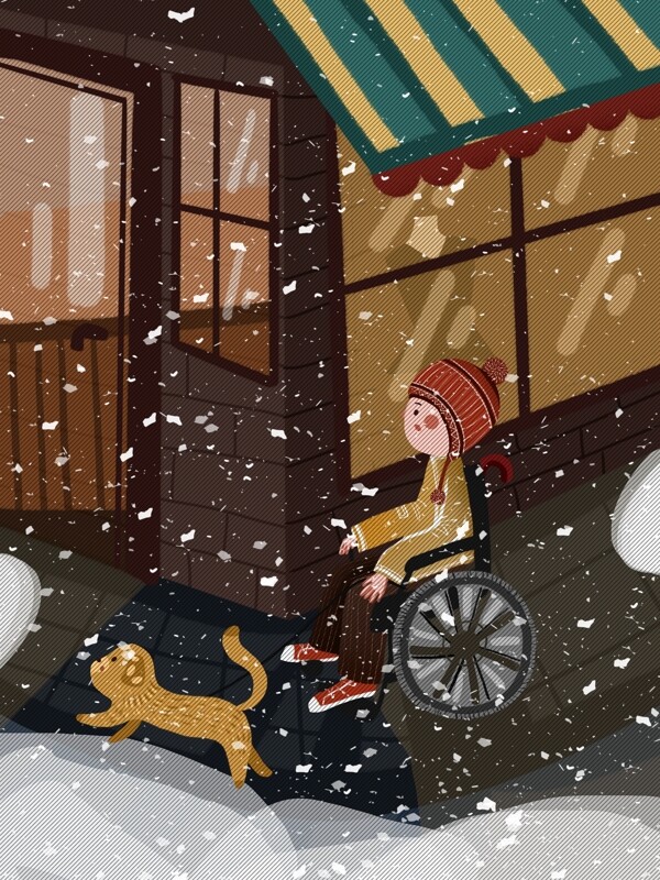国际残疾人日坐轮椅的人在大雪中插画