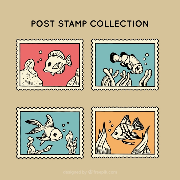 复古风格鱼邮票图标