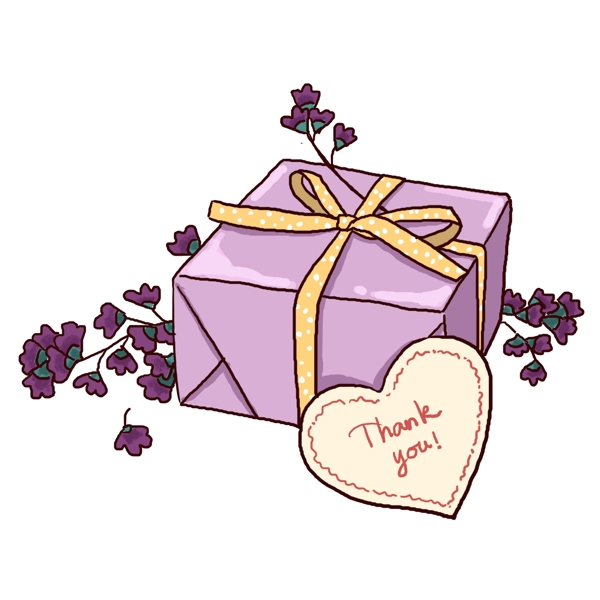 手绘紫色文艺礼盒和干花PNG免抠素材