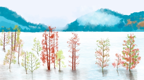 水彩风景画山水自然手绘插画