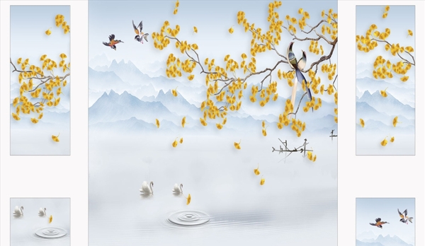 花鸟画银杏树背景墙