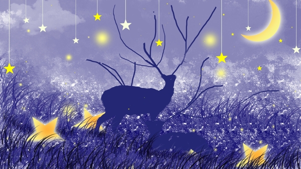 夜晚星空林深见鹿唯美星空蓝紫色原创插画