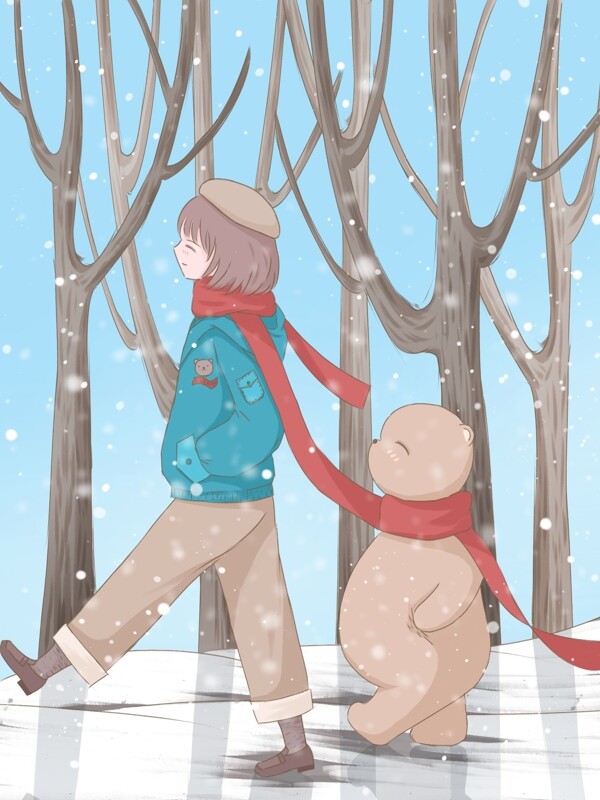 冬至插画冬天树林里散步的女孩和小熊
