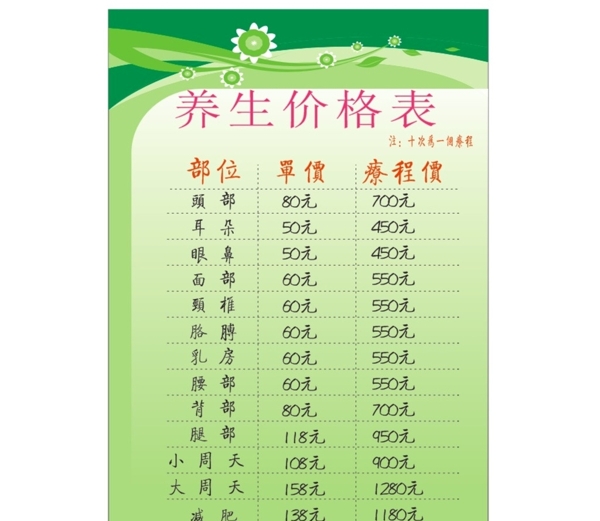 養(yǎng)生價格表