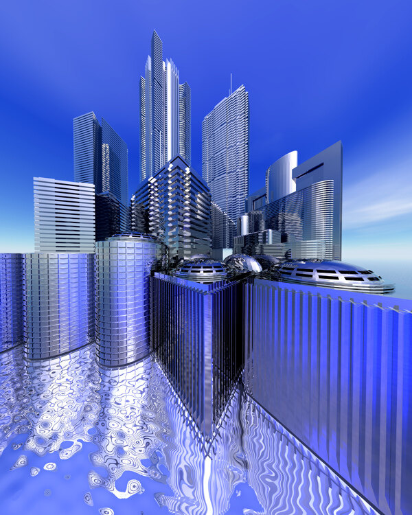 商業(yè)空間樓房建筑效果圖高樓大廈高科技區(qū)水滴科幻