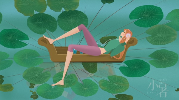 夏天小暑躺在荷花池上的少女插画