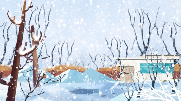 手绘冬天你好枯树下的雪屋背景素材