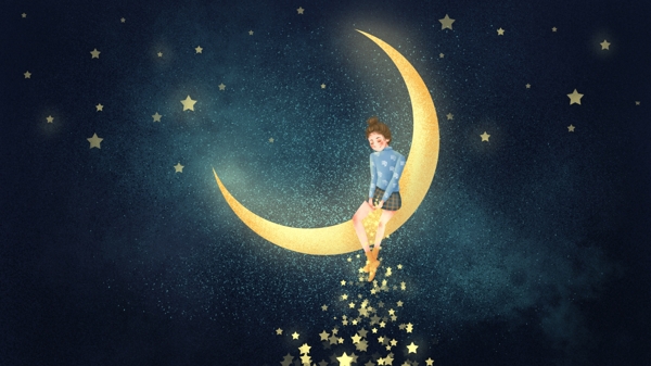 12星座处女座月亮上的女孩原创插画海报