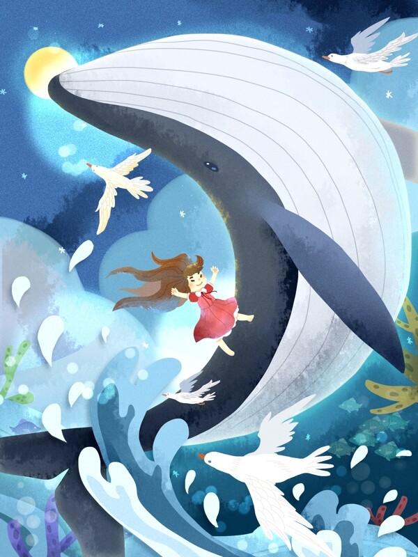 夜晚鲸鱼跳出海面女孩开心舞海鸥飞翔