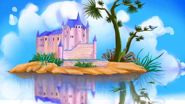 水上童话城堡场景城市插画