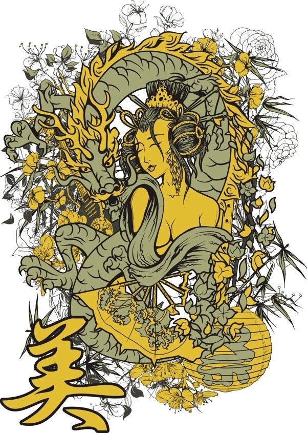 向量的T恤設(shè)計與藝妓與龍