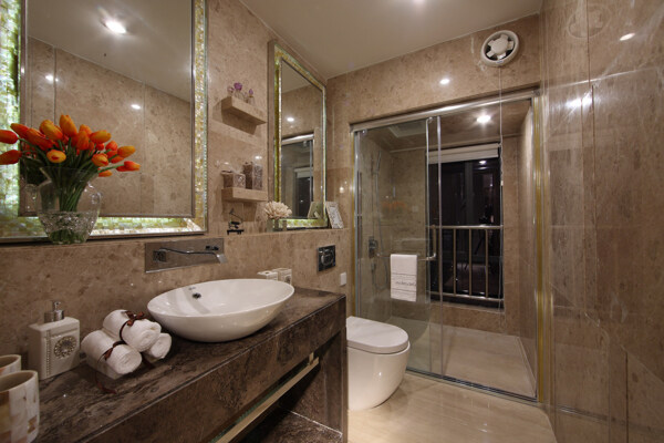 现代时尚大理石背景墙浴室深色洗手台室内图
