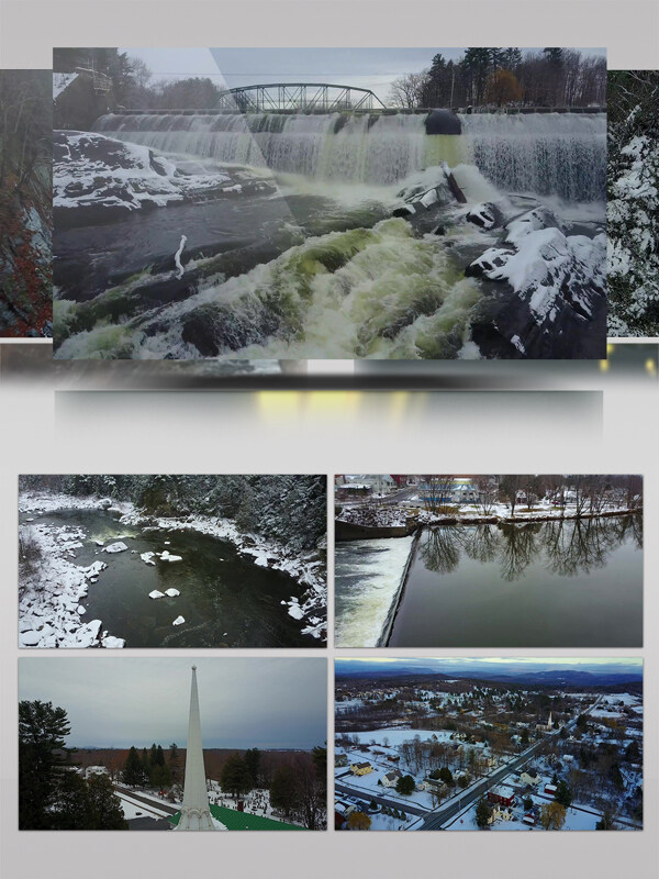 2K冬季景观桥梁流水瀑布车流航拍鸟瞰乡村旅游风景视频