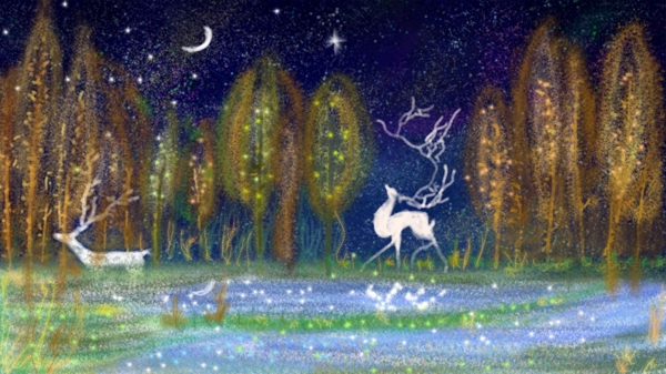 林中见鹿梦幻油彩夜景壁纸