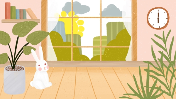卡通室内落地窗小白兔植物摆设