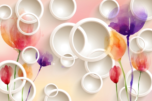 水粉花卉3D立体圆圈壁画图片