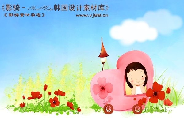 HanMaker韩国设计素材库背景卡通漫画可爱梦幻童年孩子女孩车花丛