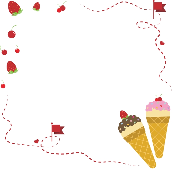 夏日甜筒冰淇淋草莓樱桃寻宝边框矢量免抠