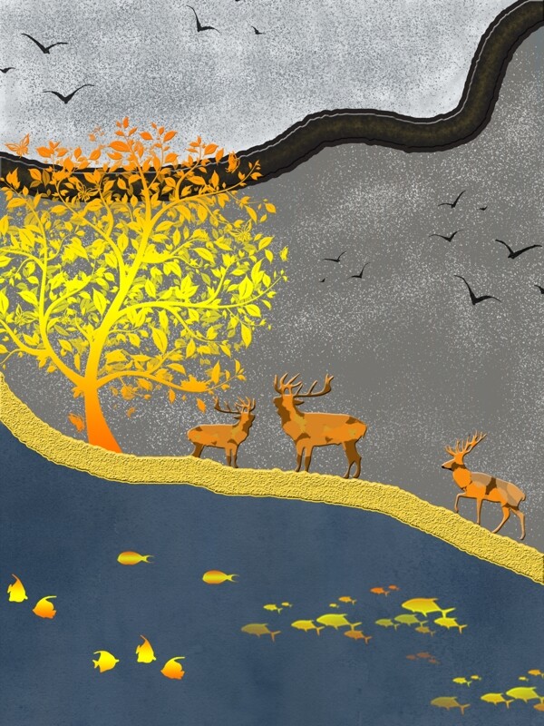 中式意境麋鹿黄金树装饰画