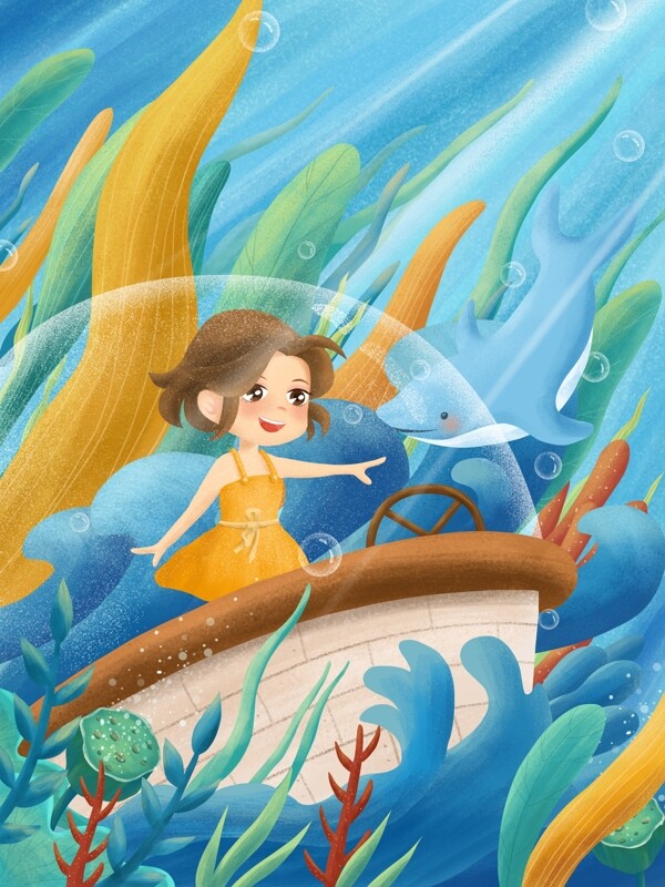 原创手绘插画海洋探险女孩与海豚