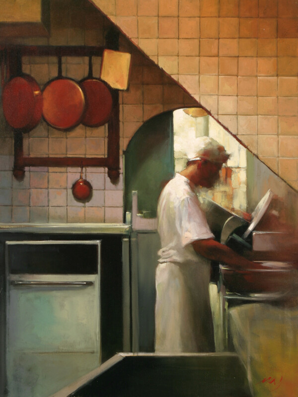 忙碌的男厨师油画图片