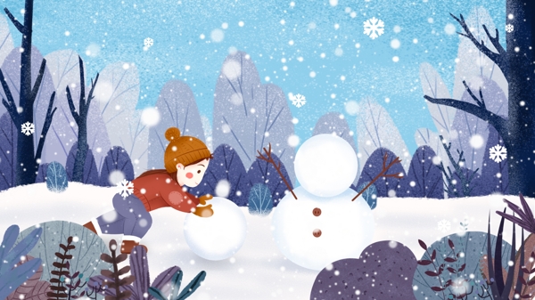 冬日唯美雪景小孩堆雪人插画