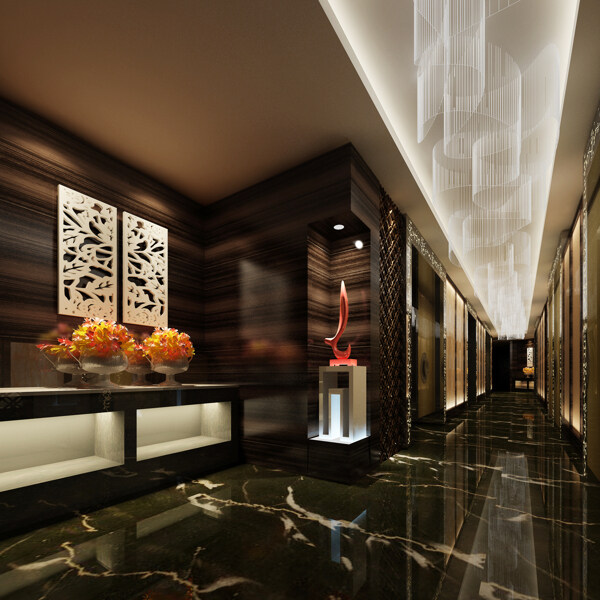 现代时尚酒店走廊深色地板工装装修效果图
