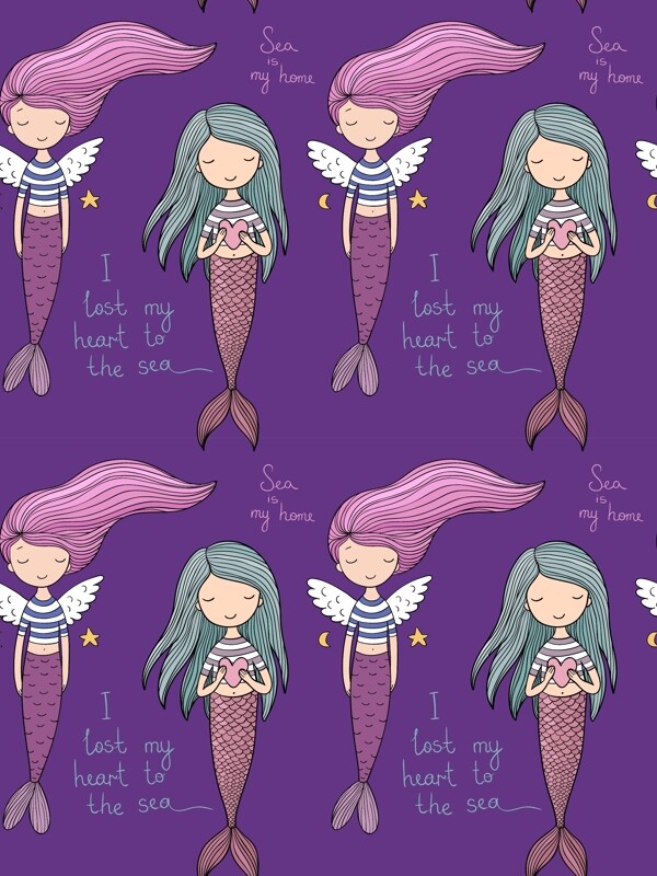 紫色卡通美人鱼墙纸背景矢量