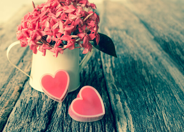 木板上的爱心花瓶图片