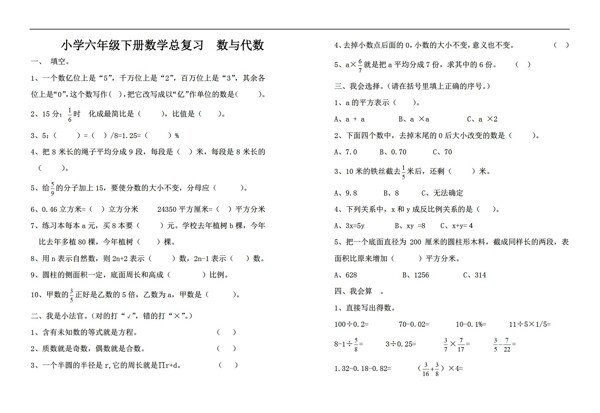 數(shù)學六年級下總復習試卷數(shù)與代數(shù)有答案