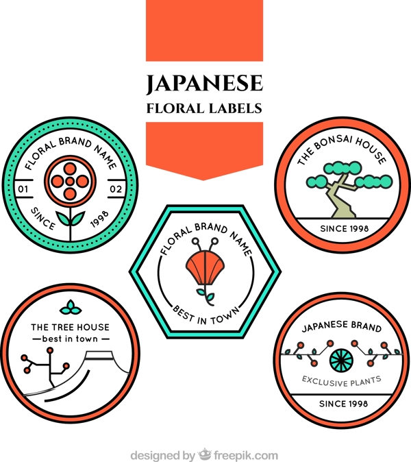 线性风格的日本花卉标签