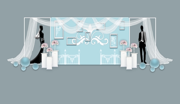 蓝色婚礼舞台背景墙设计效果图