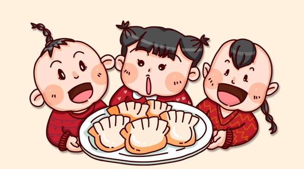 卡通手绘可爱小朋友吃饺子