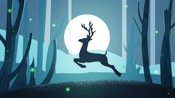 原创手绘插画森林与鹿