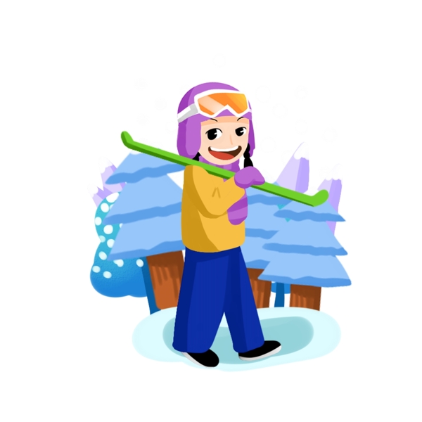 冬季滑雪手绘卡通人物PNG素材