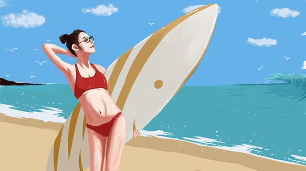 夏季在海边抱着冲浪板的比基尼美女插画海报