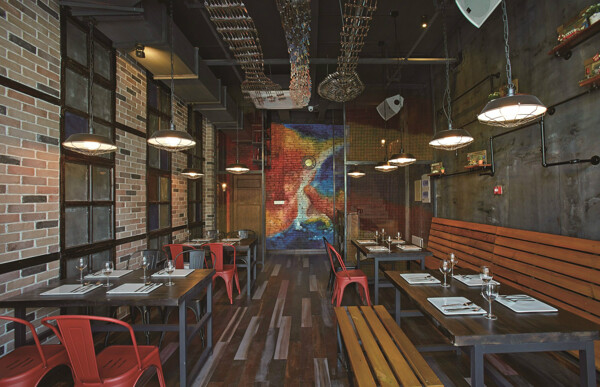 现代金属时尚餐厅红色餐椅工装装修效果图