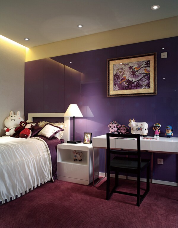 现代简约卧室紫色壁纸效果图