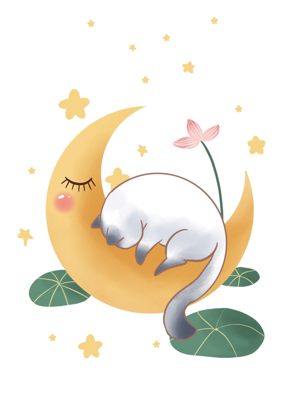 帆布袋包在月亮上熟睡的猫原创插画