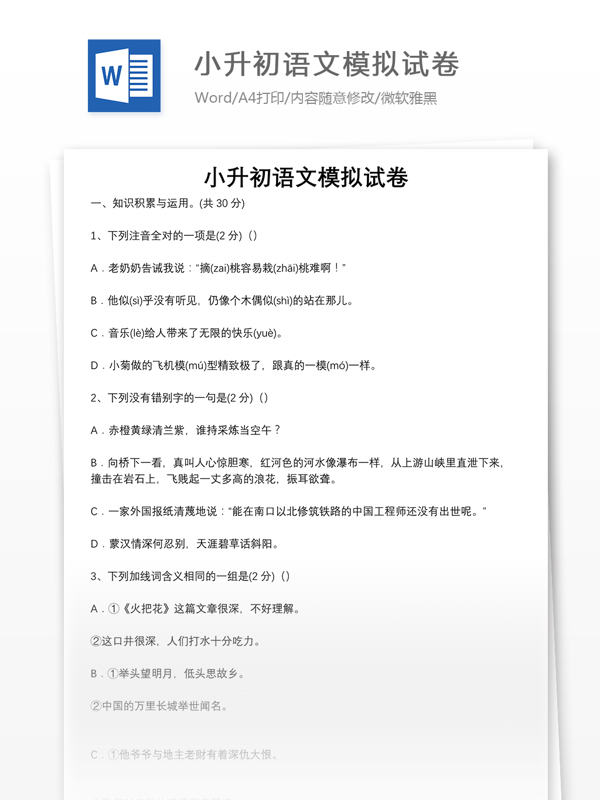 小升初语文模拟试卷三