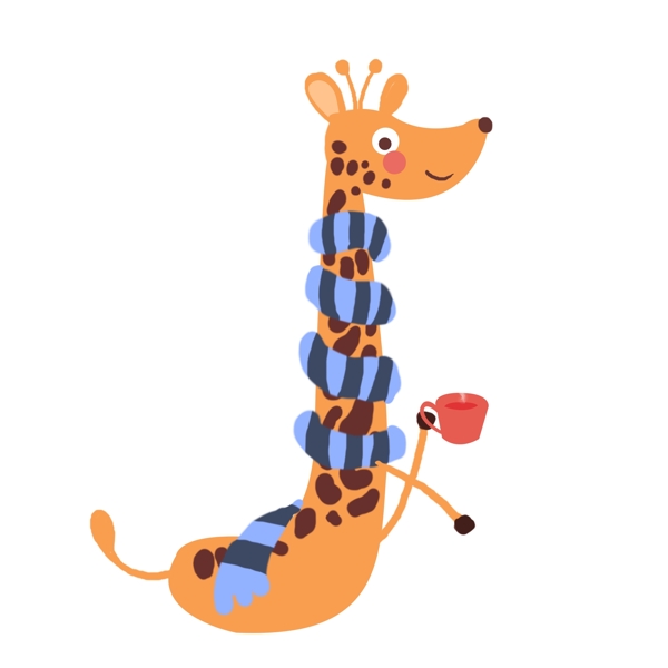 创意卡通冬季围着围巾喝茶的长颈鹿