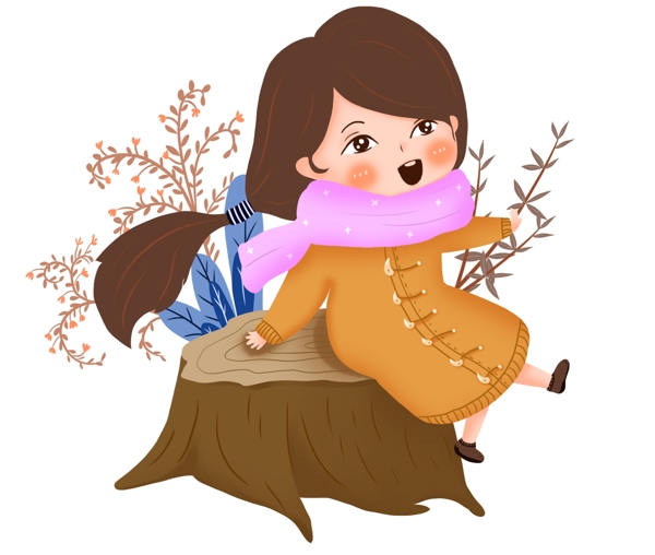 手绘坐在木桩上的女孩插画