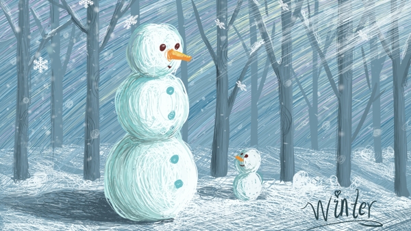线圈印象治愈插画冬天雪地上的雪人插画海报