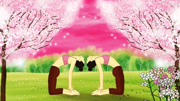 健身户外瑜珈卡通人物暖色系风景插画系列7