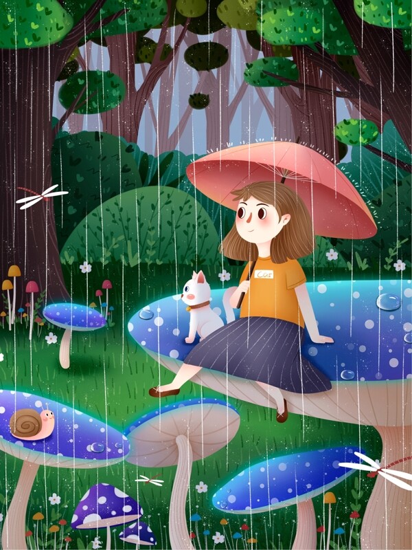 二十四節(jié)氣谷雨清新插畫背景設(shè)計(jì)