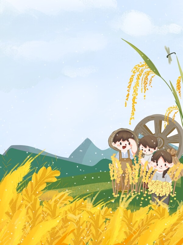 清新黄色芒种稻田收获孩子们背景