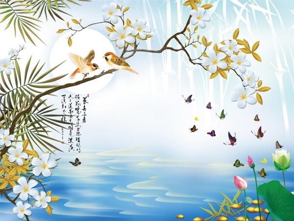 春鳥荷花圖
